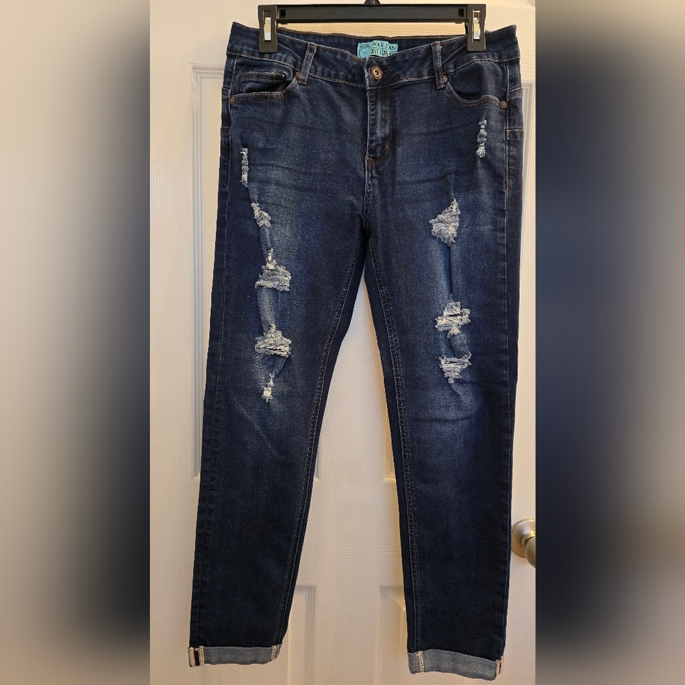 Fashion Nova Dark Blue Distressed Skinny Jeans